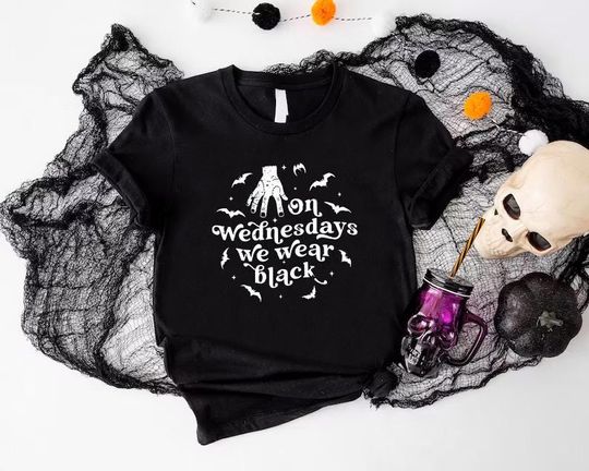 On Wednesdays We Wear Black T-Shirt, Wednesday Addams Gothic Halloween Tee, Spooky Season Goth Top, Addams Family Inspired Shirt