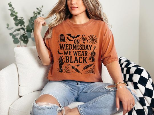 Discover On Wednesdays We Wear Black Shirt, Funny Dark Humor T-shirt, Creepy Cute Witchy Top, Spooky Season Sweatshirt, Fans gift