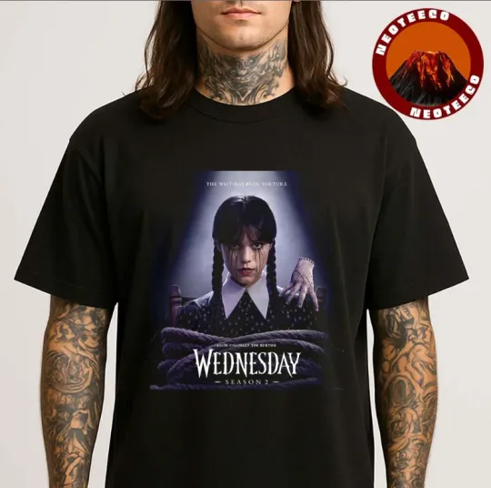Wednesday Season 2 Poster T-Shirt with Jenna Ortega and Creepy Hand Design