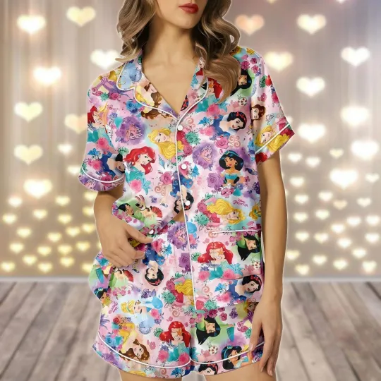 Discover Enchanting Beautiful Cartoon Princess Characters Satin Short-Sleeve Pajamas Set