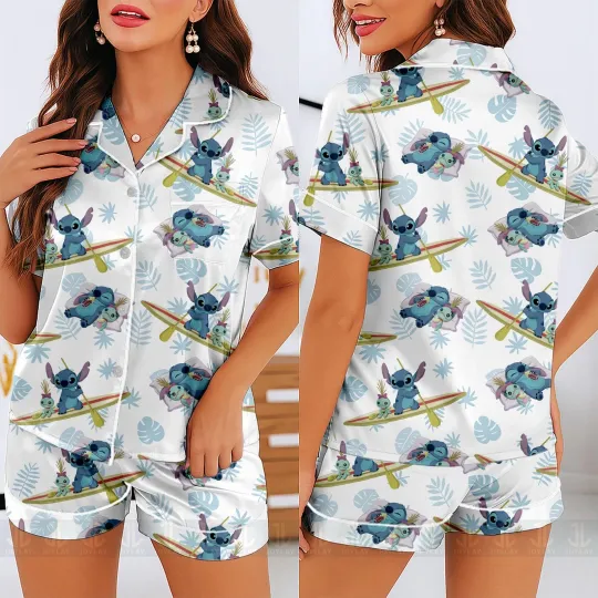 Discover Stitch And Scrump Surfing Aloha Summer Vacation Satin Short-Sleeve Pajamas Set