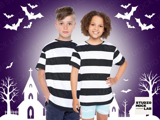 Wednesday Pugsley Addams Kids Costume T-Shirt, Black and White Striped Halloween Tee