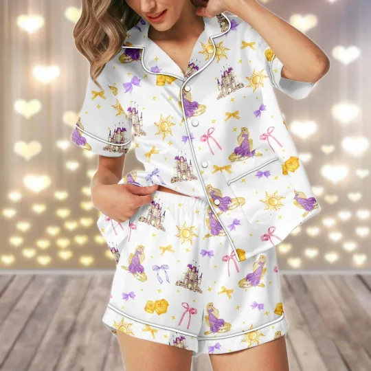 Rapunzel Princess Tangled Coquette Bow  Satin Short-Sleeve Pajamas Set