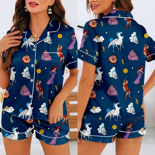 Hercules Megara Pain Panic Phil Hercules Cratoon Satin Short-Sleeve Pajamas Set