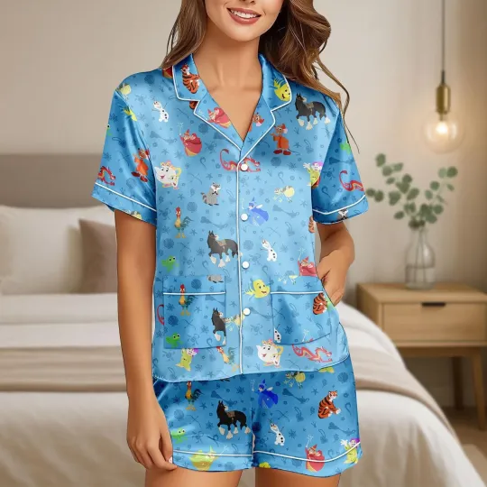 Cartoon Characters Fairy Tales Magical Kingdom Satin Short-Sleeve Pajamas Set