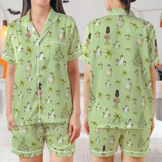 Coquette Bow Tiana Princess And The Frog Satin Short-Sleeve Pajamas Set