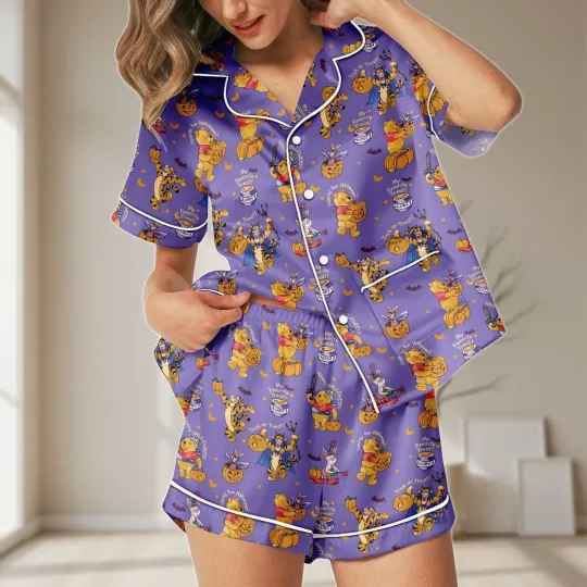 Winnie The Pooh Trick Or Treat Happy Halloween Satin Short-Sleeve Pajamas Set