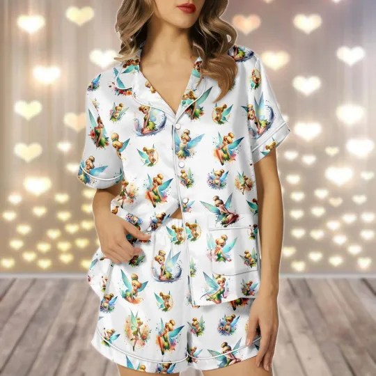 Tinker Bell Fairy Tale Princess Peter Pan Satin Short-Sleeve Pajamas Set