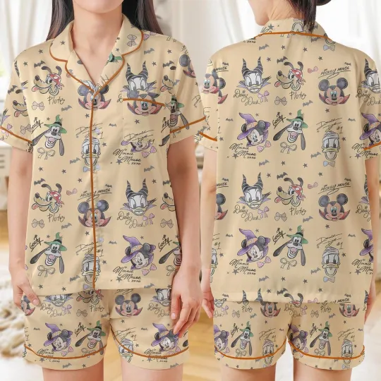 Discover Mickey & Friends Signs Coquette Bow Halloween Satin Short-Sleeve Pajamas Set