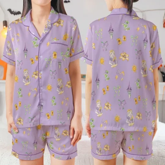 Tangled Rapunzel Princess Coquette Bow  Satin Short-Sleeve Pajamas Set
