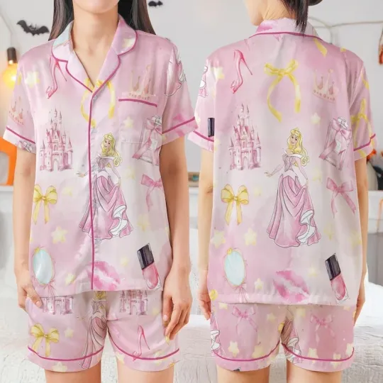 Discover Aurora Princess Magical Castle Coquette Bow Satin Short-Sleeve Pajamas Set
