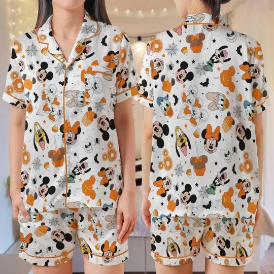 Cute Mickey & Friends Head Halloween Snacks Satin Short-Sleeve Pajamas Set