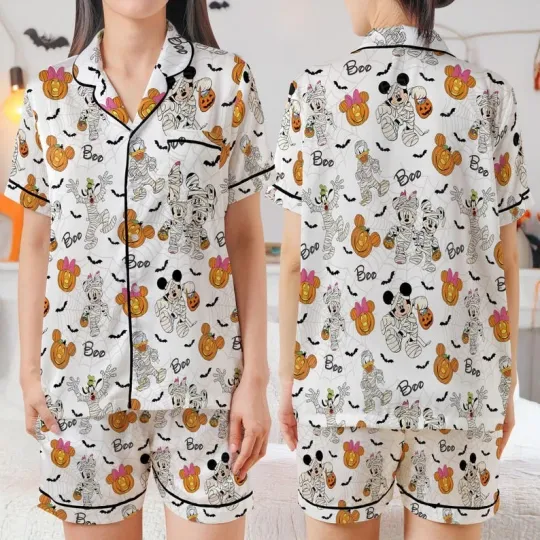 Halloween Mickey Vs Minnie Cosplay Mummy Satin Short-Sleeve Pajamas Set