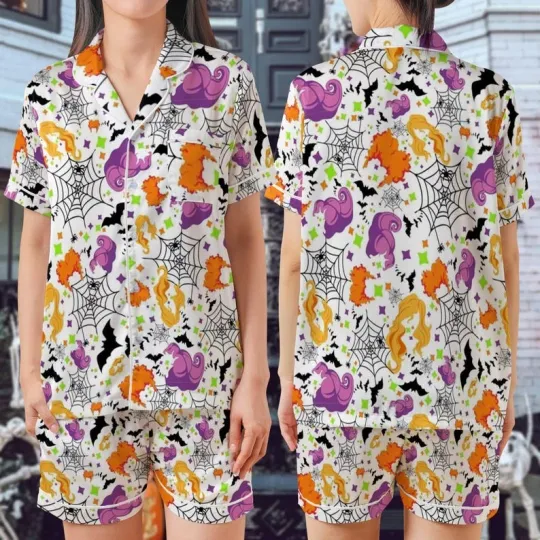 Hocus Pocus Funny Witchy Halloween Spider Web Satin Short-Sleeve Pajamas Set