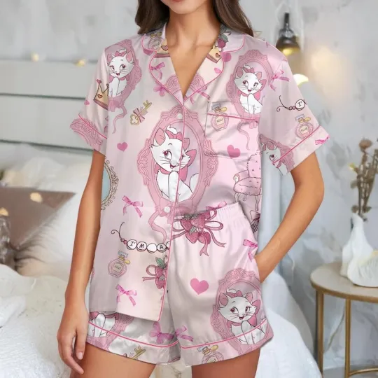 Cute Marie Cat Mirror Coquette Bow The Aristocats Satin Short-Sleeve Pajamas Set