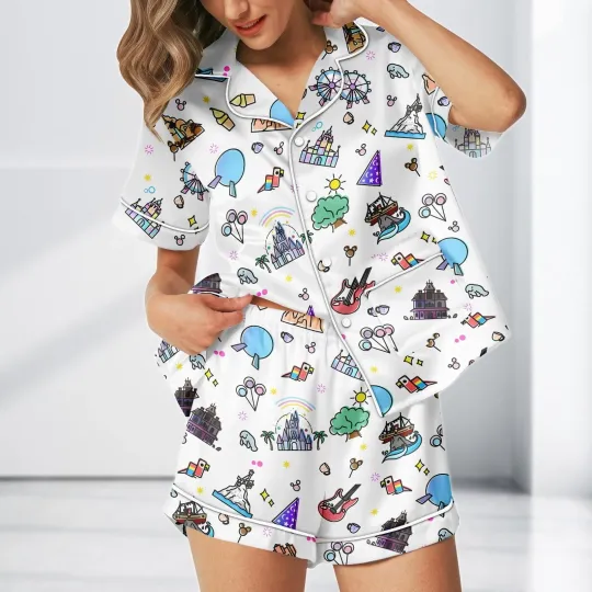 Discover Mickey Mouse Ears Balloons Coquette Cruise Trip Satin Short-Sleeve Pajamas Set