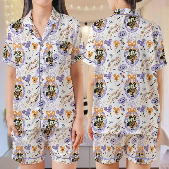 Mickey Skeleton Mirroe Coquette Bow Halloween Satin Short-Sleeve Pajamas Set