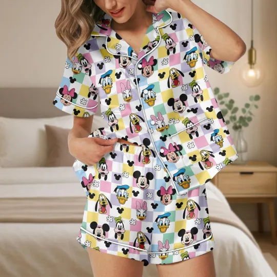 Cute Mickey & Minnie Mouse Faces Gift For Her Satin Short-Sleeve Pajamas Set