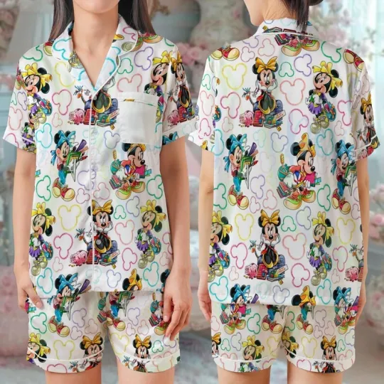 Discover Cute Minni Mouse Back To School 1st Of School Satin Short-Sleeve Pajamas Set