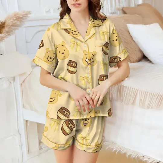 Discover Cute Pooh Bear Face Hunny Jar Winnie The Pooh Satin Short-Sleeve Pajamas Set