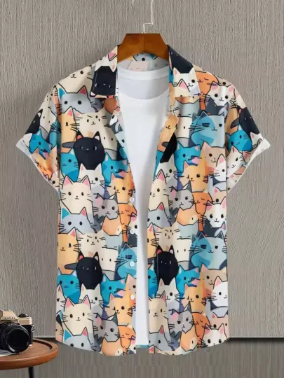 Discover Men's Hawaiian Button-Down Shirt with Funny Cat and Kitten Print