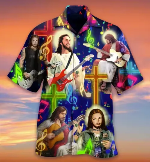Discover Men's Hawaiian Button-Down Shirt with Jesus Christ Print Religious Novelty Shirt