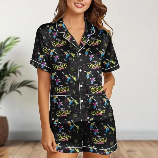 Discover Funny Goofy The Silly Dog Cartoon Sleepwear Satin Short-Sleeve Pajamas Set