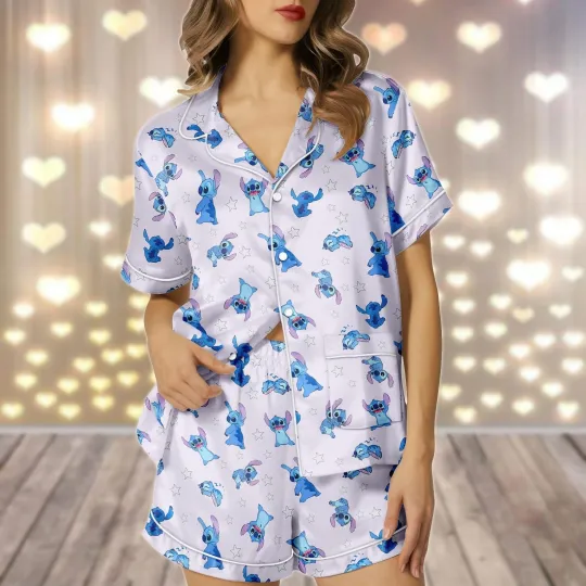 Cute Stitch Blue Alien Dog Lilo & Stitch Fan Gift Satin Short-Sleeve Pajamas Set