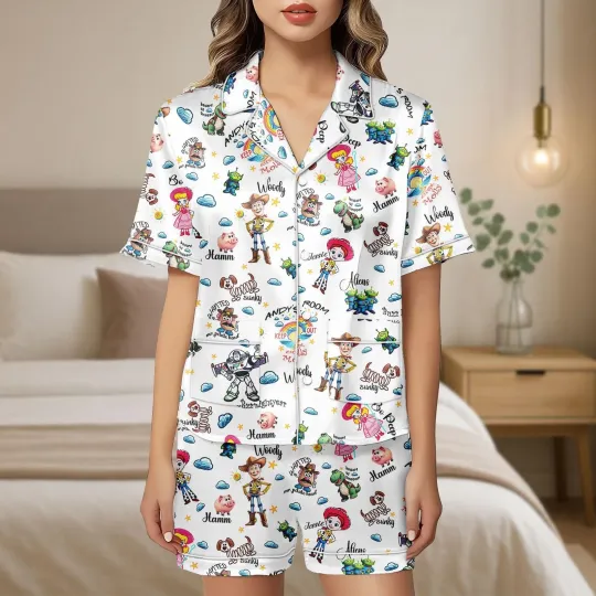 Discover Toy Story Woody Buzz Lightyear Jessie Alien Satin Short-Sleeve Pajamas Set