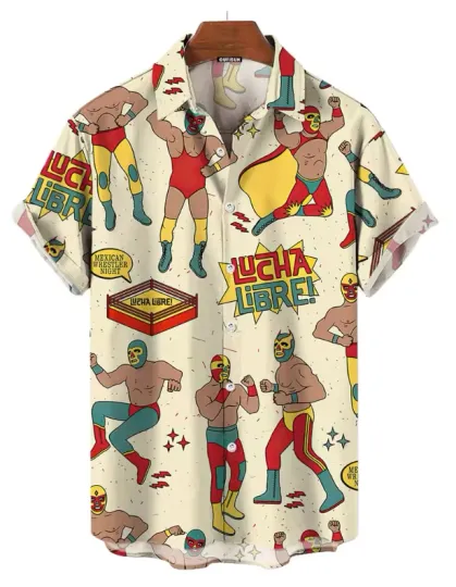 Discover Men's Hawaiian Button Shirt with Mexican Wrestling Lucha Libre Print