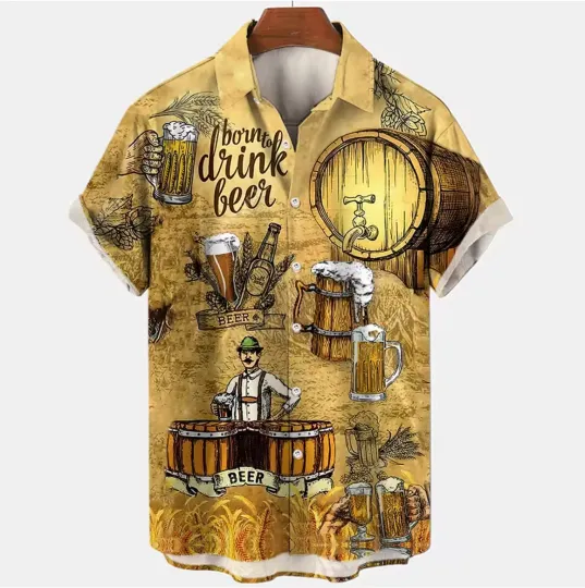 Discover Men's Hawaiian Button Down Shirt with Beer Drink Pub Print
