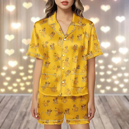 Cute Simba The Lion King Hakuna Matata Satin Short-Sleeve Pajamas Set