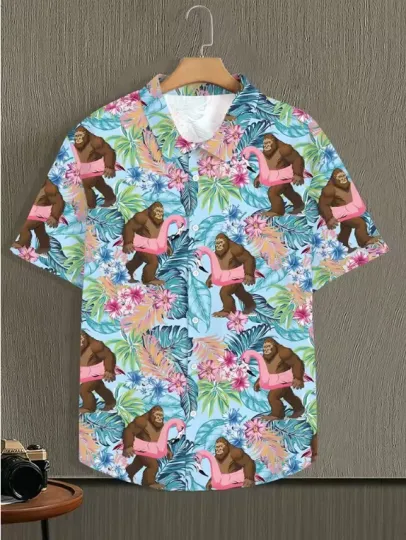Discover Men's Hawaiian Button-Down Shirt Big Foot Summer Print