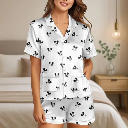 Discover Cute Mickey Mouse Head Believe In Magic Black & White Satin Pajamas Set