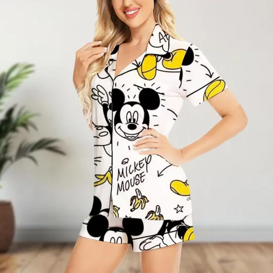 Discover Cute Mickey Ears Banana Laughter Is Timeless Satin Short-Sleeve Pajamas Set