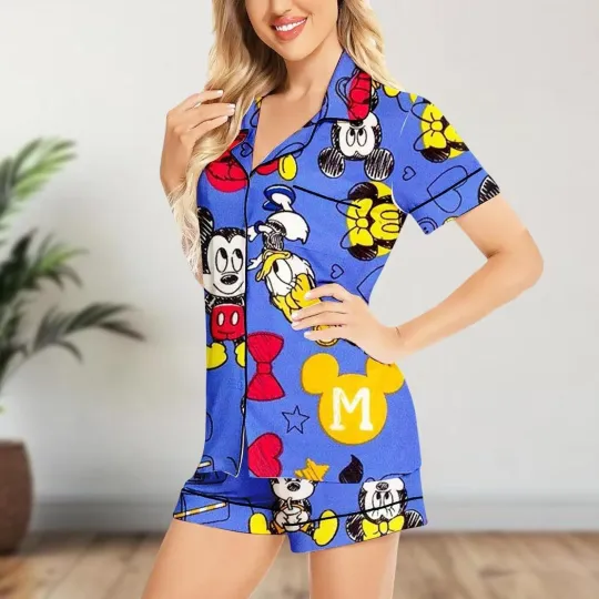 Discover Classic Mickey Mouse & Friends Cartoon Sleepwear Satin Short-Sleeve Pajamas Set