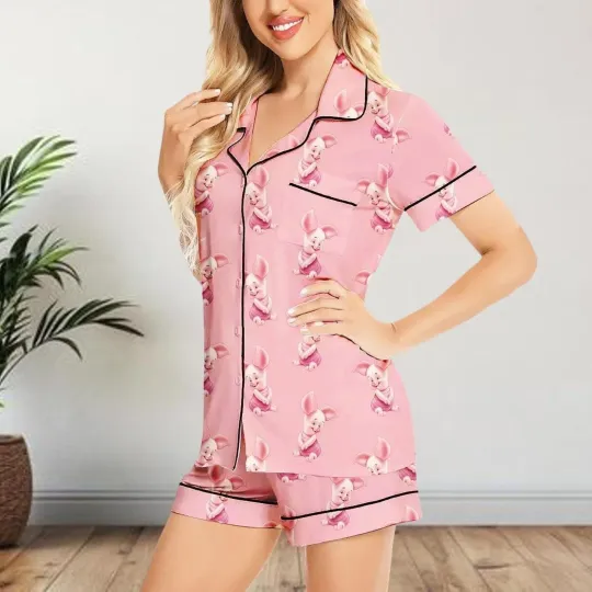 Discover Cute Piglet Winnie The Pooh Character Pinky Satin Short-Sleeve Pajamas Set