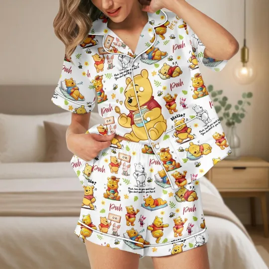 Discover Cute Pooh Bear Winnie The Pooh Honey Bear Satin Short-Sleeve Pajamas Set