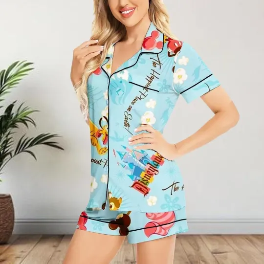 Discover The Happiest Place On Earth Animal Kindom Satin Short-Sleeve Pajamas Set