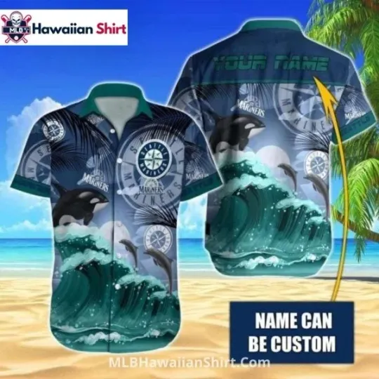 Discover Ocean Wave Seatllle Marriinerrs Aloha With Dolphins Hawaiian Shirt, Gift for Fan