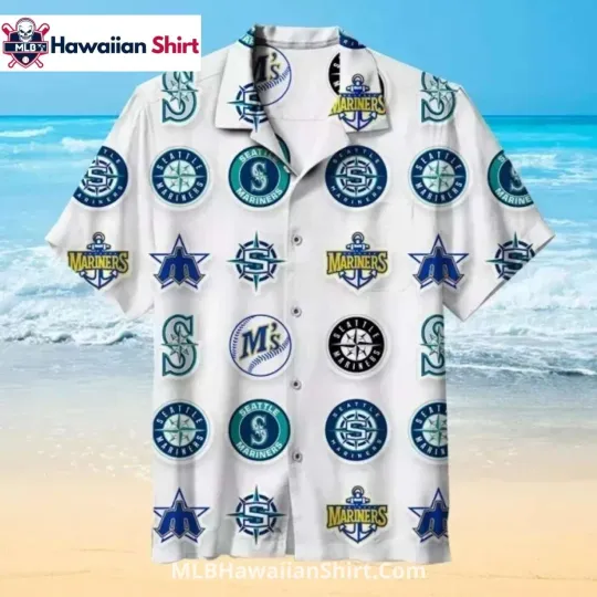 White Seatllle Marriinerrs Aloha Hawaiian Shirt With Mixed Logos, Gift for Fan