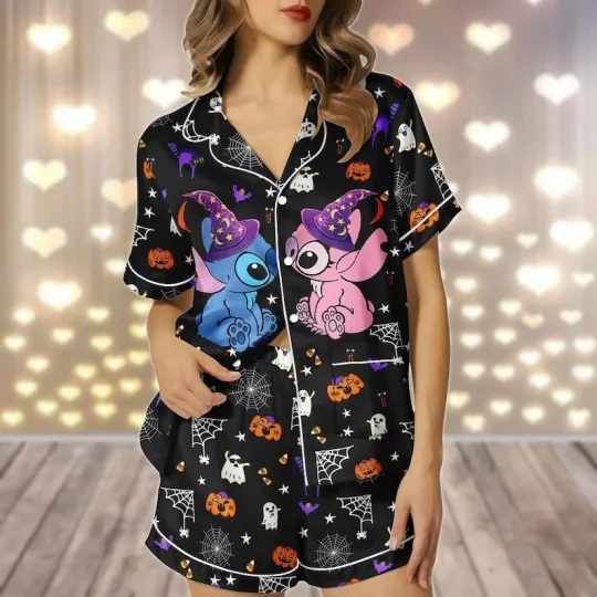 Discover Halloween Stitch & Angel Witchy Pumpkin Ghost Spooky Seaosn Pajamas Set