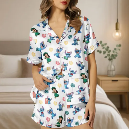 Discover Funny Lilo & Stitch Dancing Hula Summer Beach Vacation Satin Pajamas Set