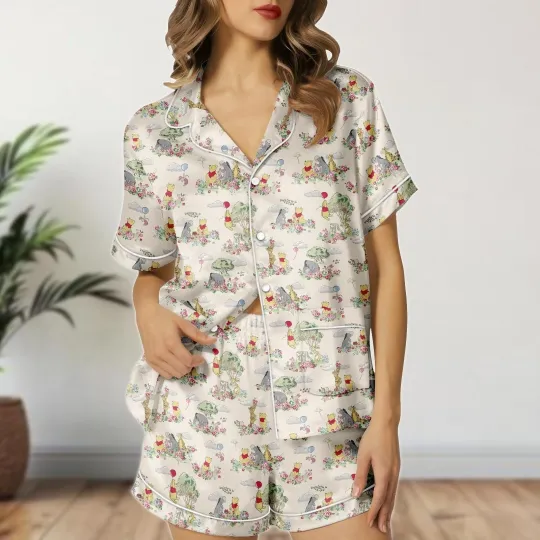 Discover Pooh Bear & Friends Winnie The Pooh Besties Friends Floral Satin Pajamas Set