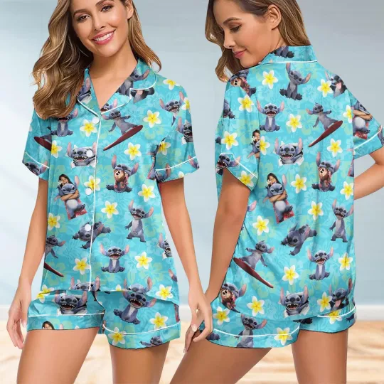 Discover Stitch Surfing Lilo & Stitch Live Action Tropical Satin Short-Sleeve Pajamas Set