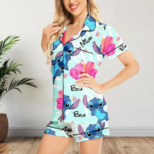Discover Personalized Stitch Ohana Means Family Lilo And Stitch Floral Satin Pajamas Set