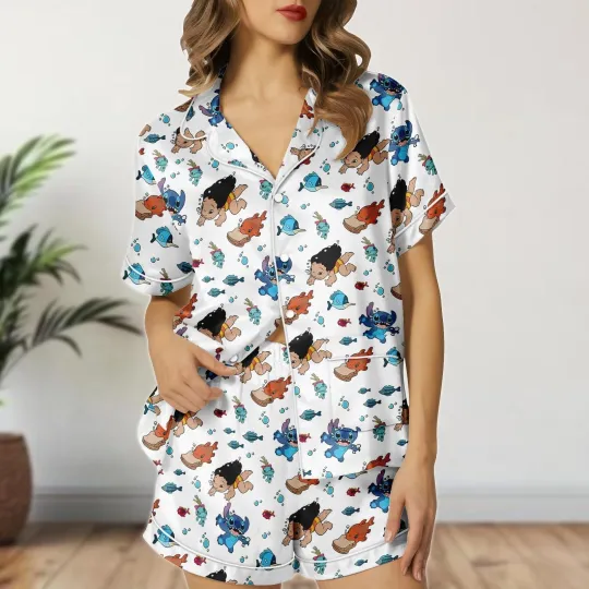 Discover Stitch Lilo And Pudge Controls The Weather Summer Vibes Satin Pajamas Set
