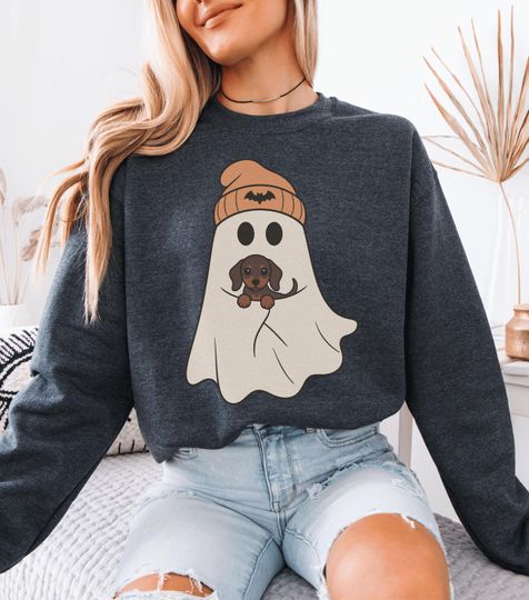 Cute Ghost Holding Dachshund Halloween Sweater | Cozy Spooky Season Dog Lover Sweatshirt