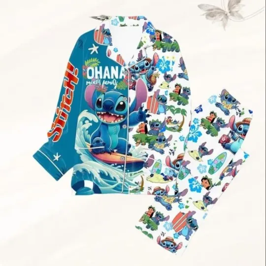 Stitch Ohana Means Family Stitch Surfing Summer Beach Vacation Pajamas Set