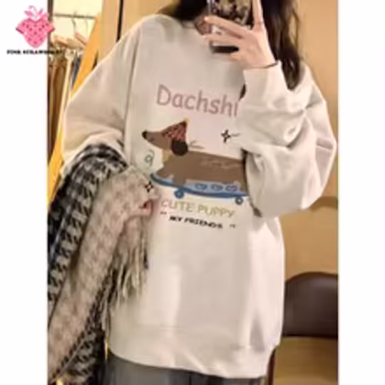 Discover Korean Dachshund Print Plush Sweatshirt Women Autumn Winter 2025New Oversize O-Neck Loose Pullover Hoodie Y2K Top kawaii clothes